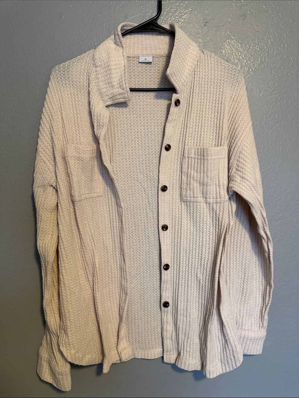 Cream Waffle Knit Button-Up Shirt Jacket